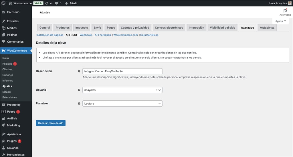 Añadir clave API a WooCommerce