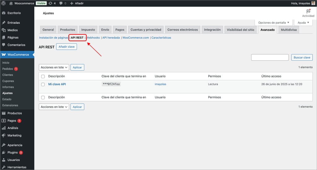 Wordpress > Woocommerce > Ajustes > Avanzado > Claves API