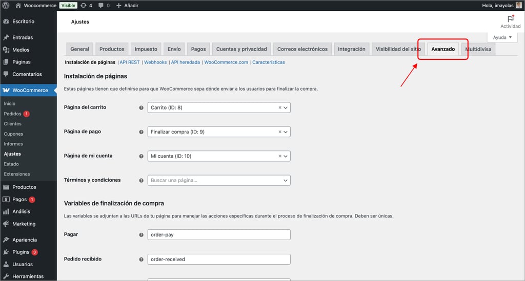 Wordpress > Woocommerce > Ajustes > Avanzado