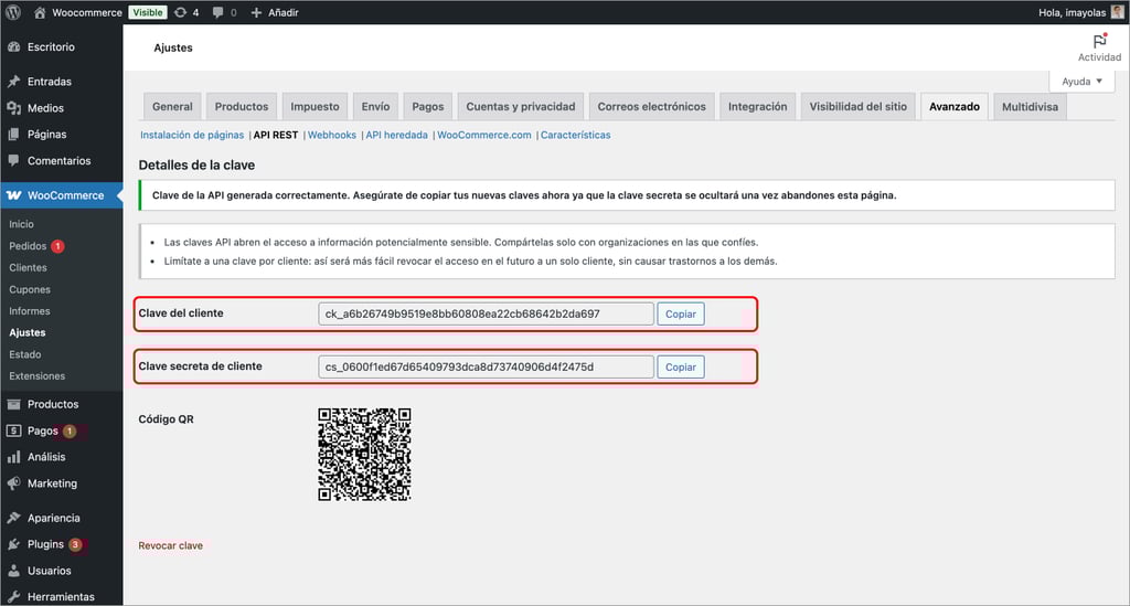Clave de cliente y secreta de cliente en WooCommerce